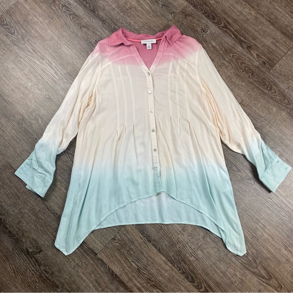 Vintage America Shirt Women M Pink Blue Cream 100% Viscose Tie Dye V Neck Button - Picture 1 of 9